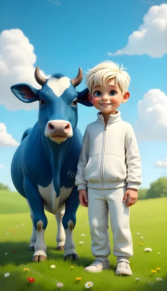 A Caucasian Boy 7 Years Old With White Hair And An White Tracksuit Next To A Blue Cow In A Green Field With A Blue Sky 8 E9dd