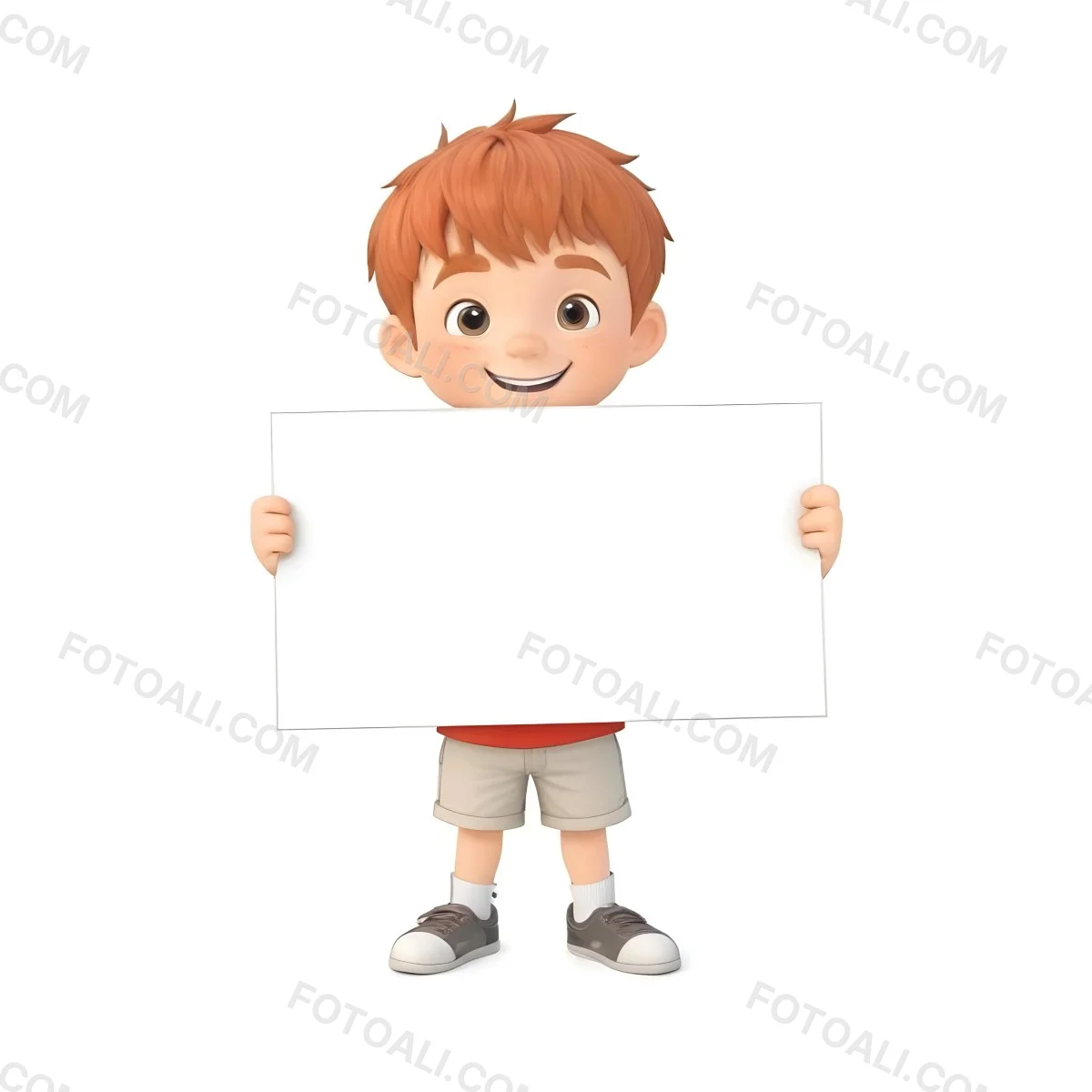 A Caucasian Boy Age 8 With Red Hair Holding A Blank Red Sign Wearing A White T Shirt And White Shorts White Background 26 Fc31
