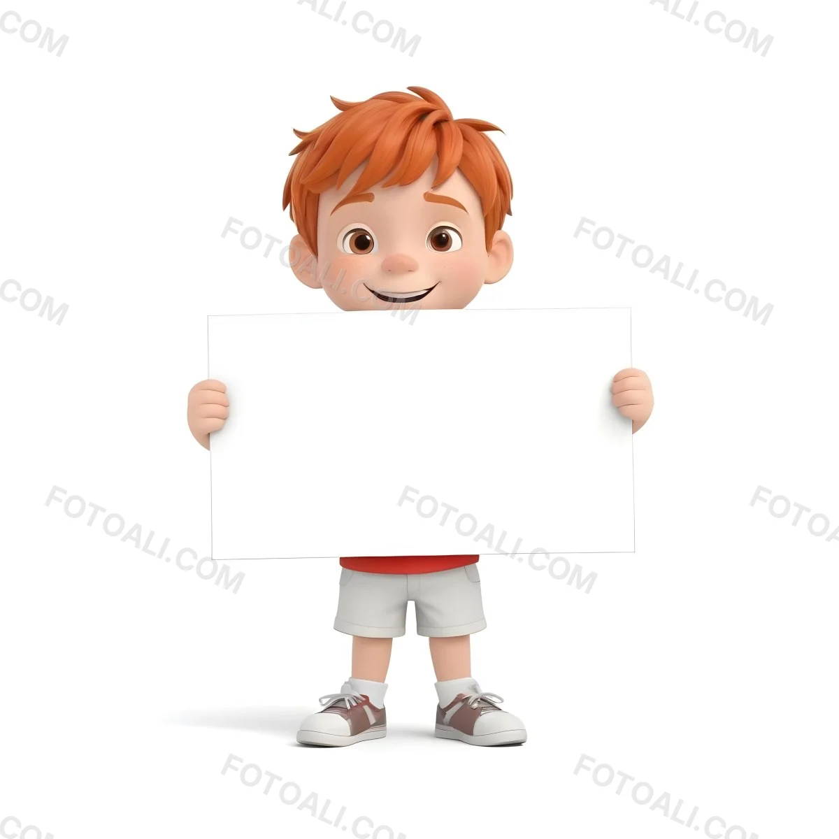 A Caucasian Boy Age 8 With Red Hair Holding A Blank Red Sign Wearing A White T Shirt And White Shorts White Background 29 3ce1