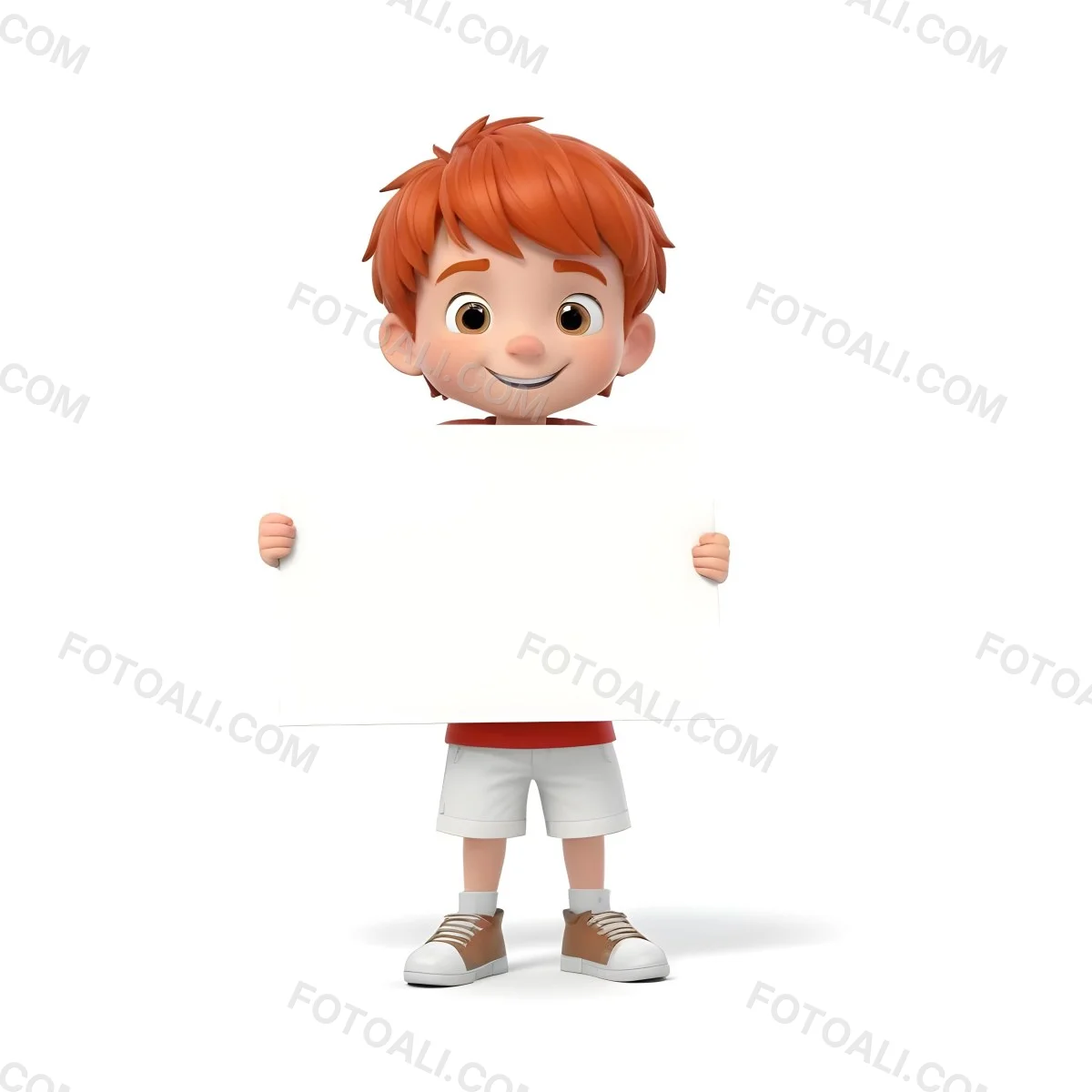 A Caucasian Boy Age 8 With Red Hair Holding A Blank Red Sign Wearing A White T Shirt And White Shorts White Background 30 Bc18