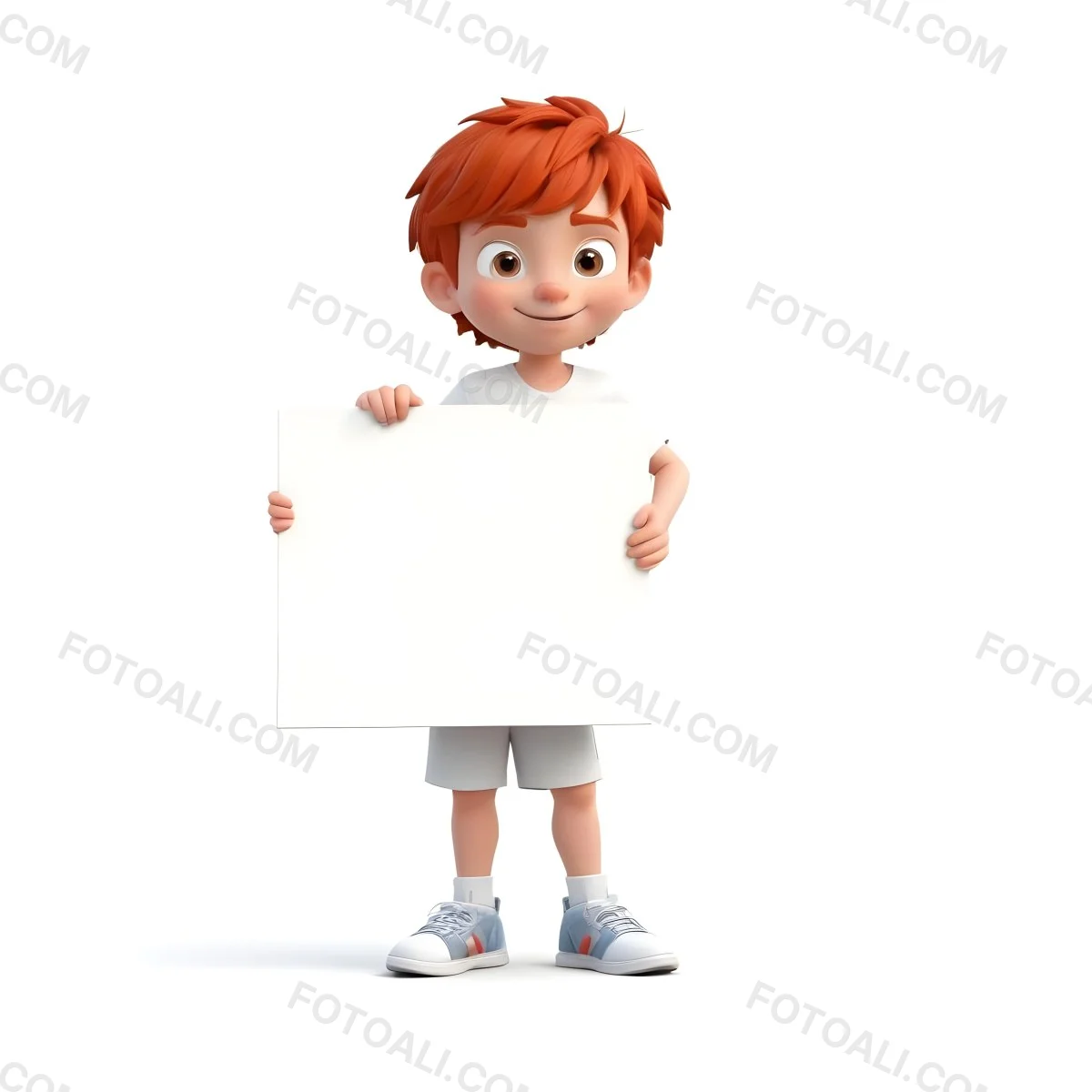 A Caucasian Boy Age 8 With Red Hair Holding A Blank Red Sign Wearing A White T Shirt And White Shorts White Background 34 2f2e