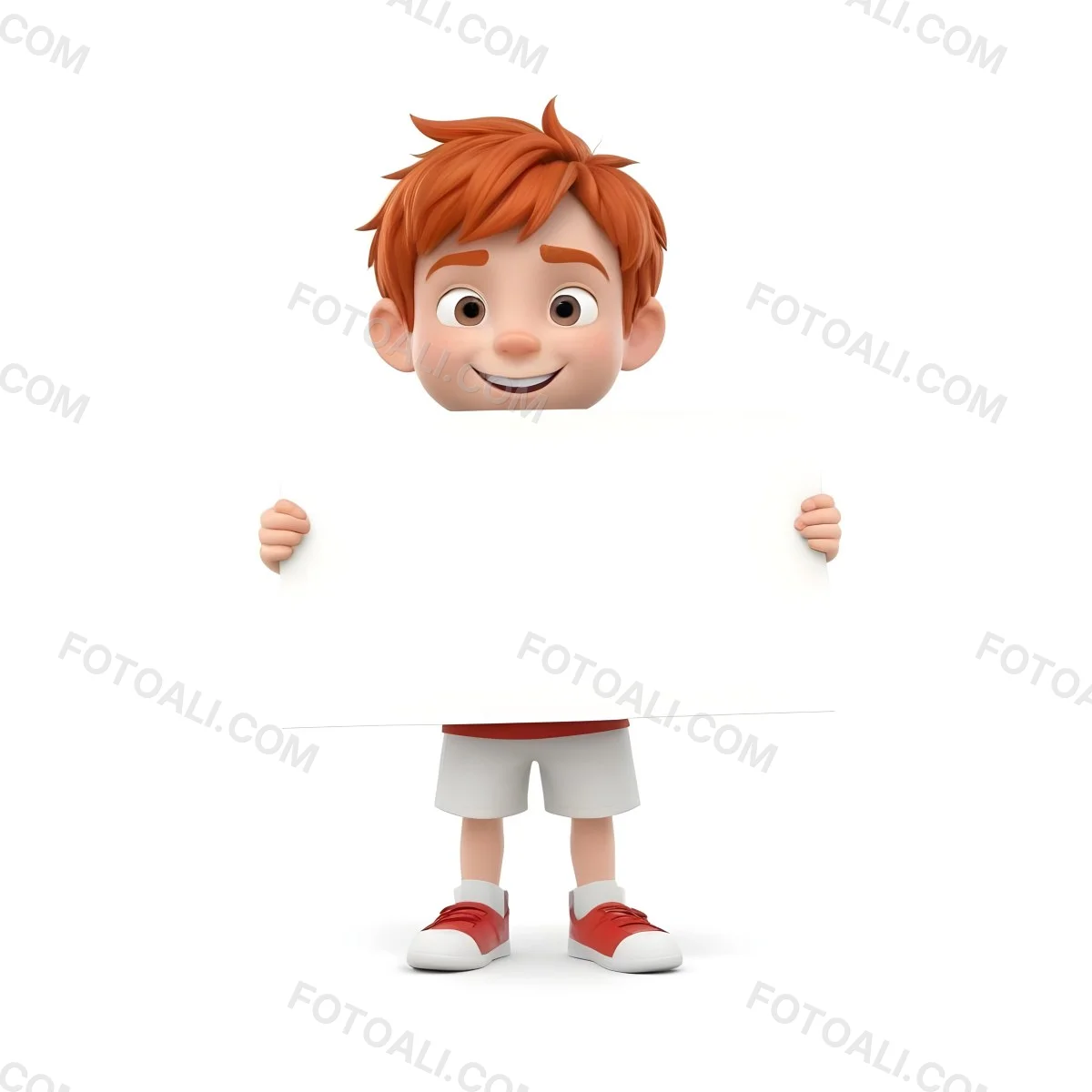 A Caucasian Boy Age 8 With Red Hair Holding A Blank Red Sign Wearing A White T Shirt And White Shorts White Background 35 F554