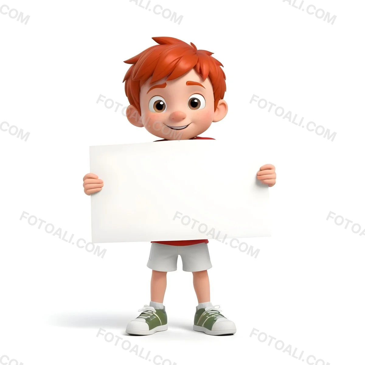 A Caucasian Boy Age 8 With Red Hair Holding A Blank Red Sign Wearing A White T Shirt And White Shorts White Background 36 68df