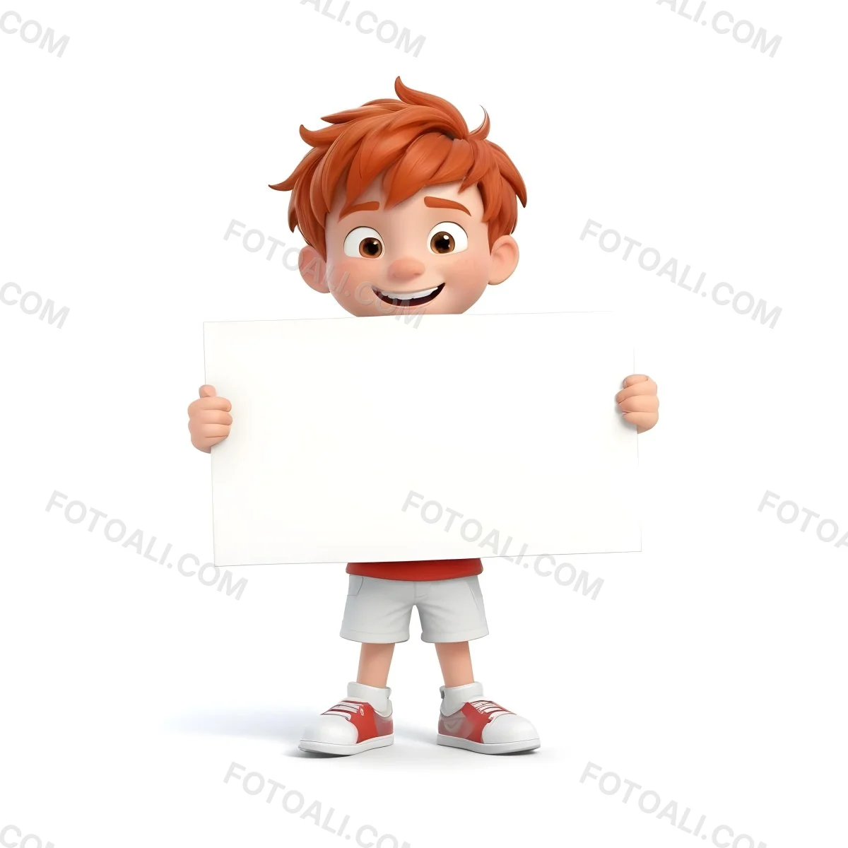 A Caucasian Boy Age 8 With Red Hair Holding A Blank Red Sign Wearing A White T Shirt And White Shorts White Background 37 7d71