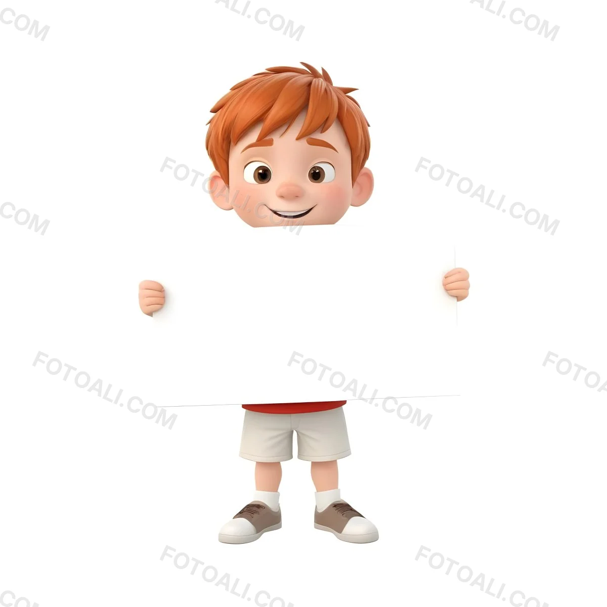 A Caucasian Boy Age 8 With Red Hair Holding A Blank Red Sign Wearing A White T Shirt And White Shorts White Background 38 657e