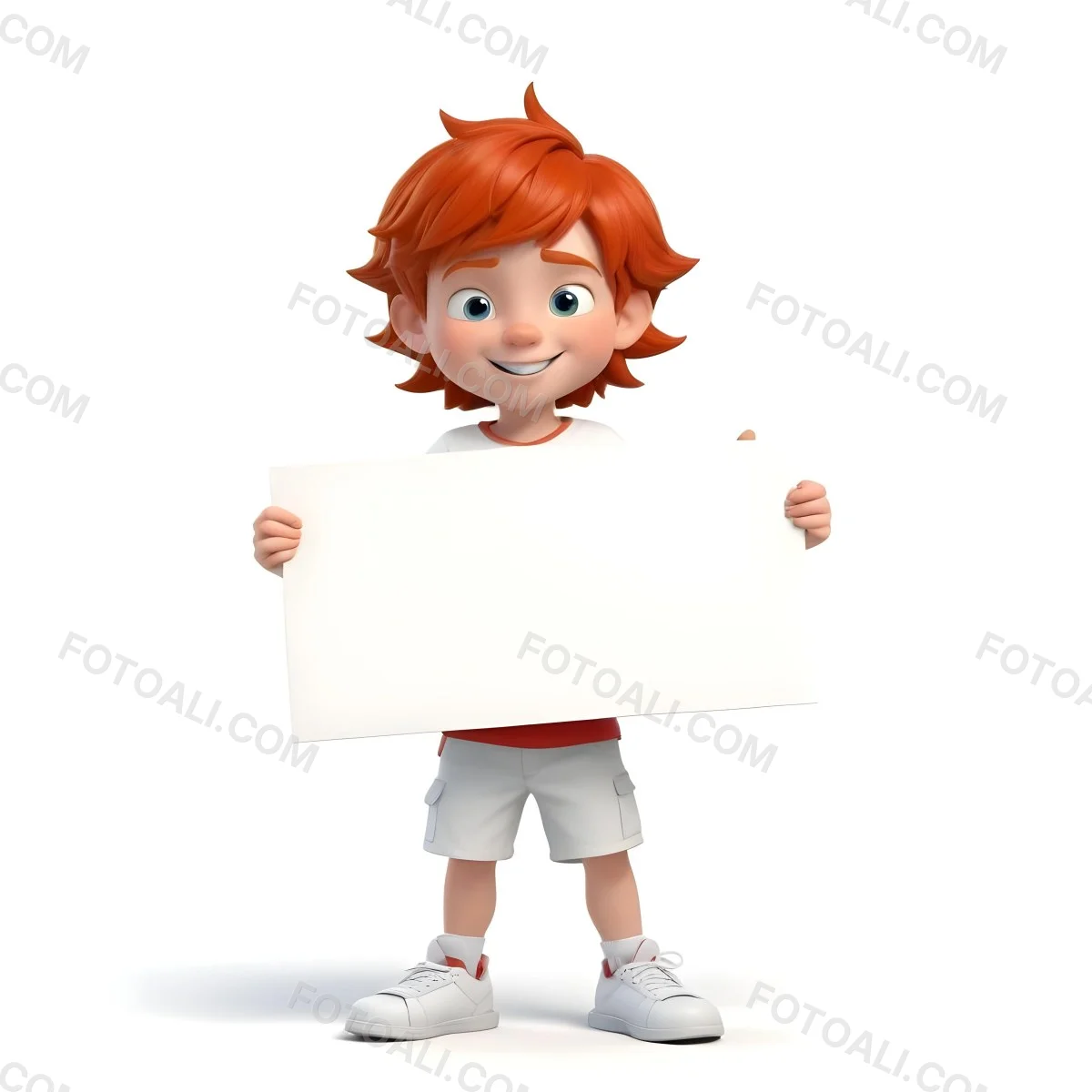 A Caucasian Boy Age 8 With Red Hair Holding A Blank Red Sign Wearing A White T Shirt And White Shorts White Background 39 B2f0