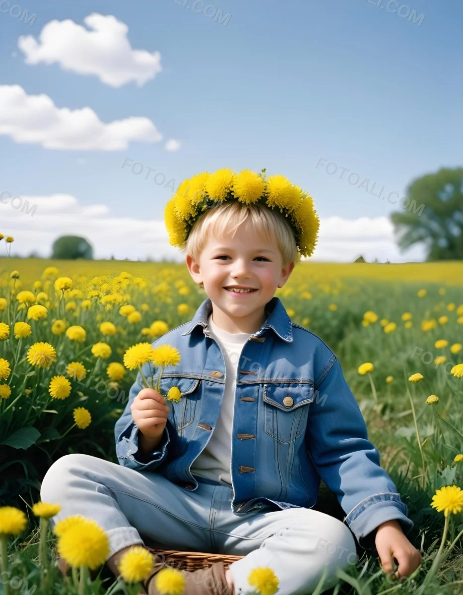 A Caucasian Boy Around 5 Years Old With Short Blonde Hair Wearing A Denim Jacket Sitting In A Field Of Yellow Dandelions He Has A Crown Made Of Dandelions On His Head And Is Smiling Broadly While Holding A Bunch Of Dan 1 0bb0
