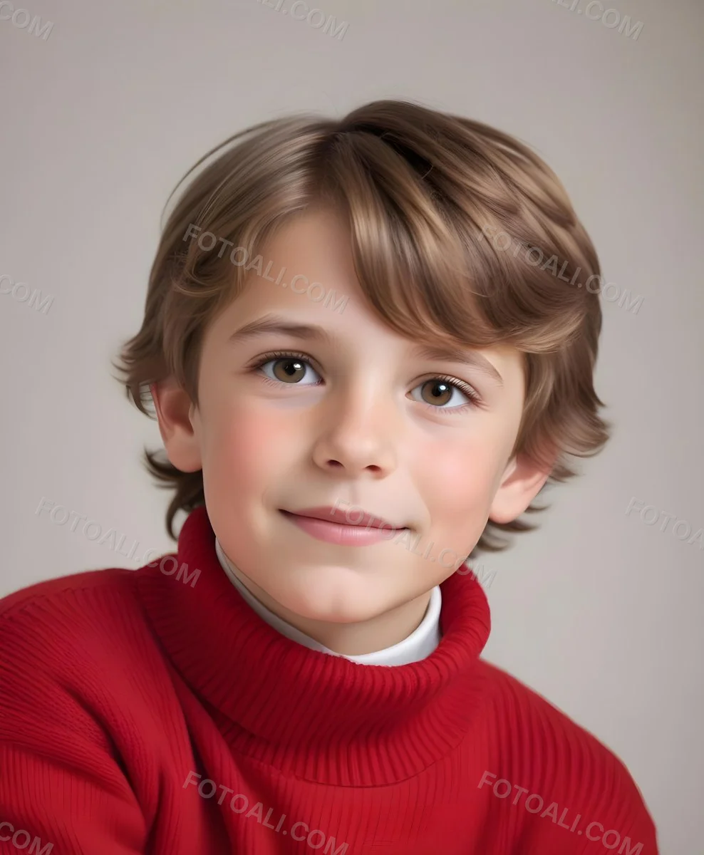 A Caucasian Boy Around 7 Years Old With Short Tousled Light Brown Hair He Is Wearing A Bright Red Sweater Over A White Turtleneck The Boy Is Looking Up Thoughtfully With His Right Hand On His Chin And Has A Slight S 3 5f09