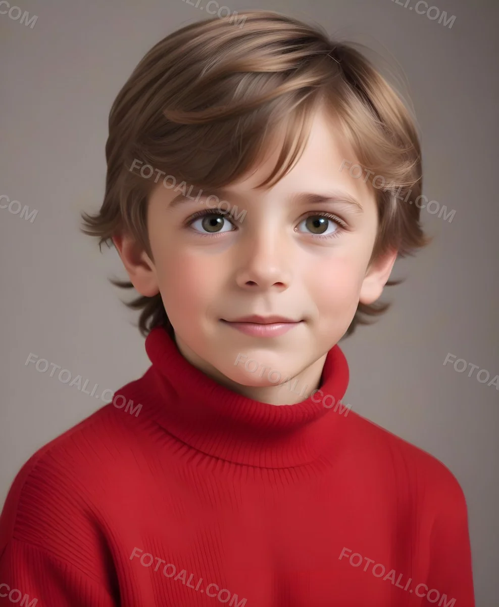 A Caucasian Boy Around 7 Years Old With Short Tousled Light Brown Hair He Is Wearing A Bright Red Sweater Over A White Turtleneck The Boy Is Looking Up Thoughtfully With His Right Hand On His Chin And Has A Slight S 4 9668