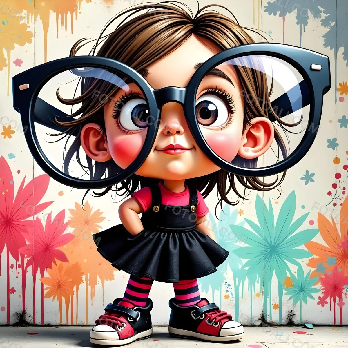 A Caucasian Girl 7 Years Old Black Hair Wearing A Red Dress Pink Striped Socks And Red Shoes With Oversized Glasses In Front Of A Colorful Wall 1 58ae