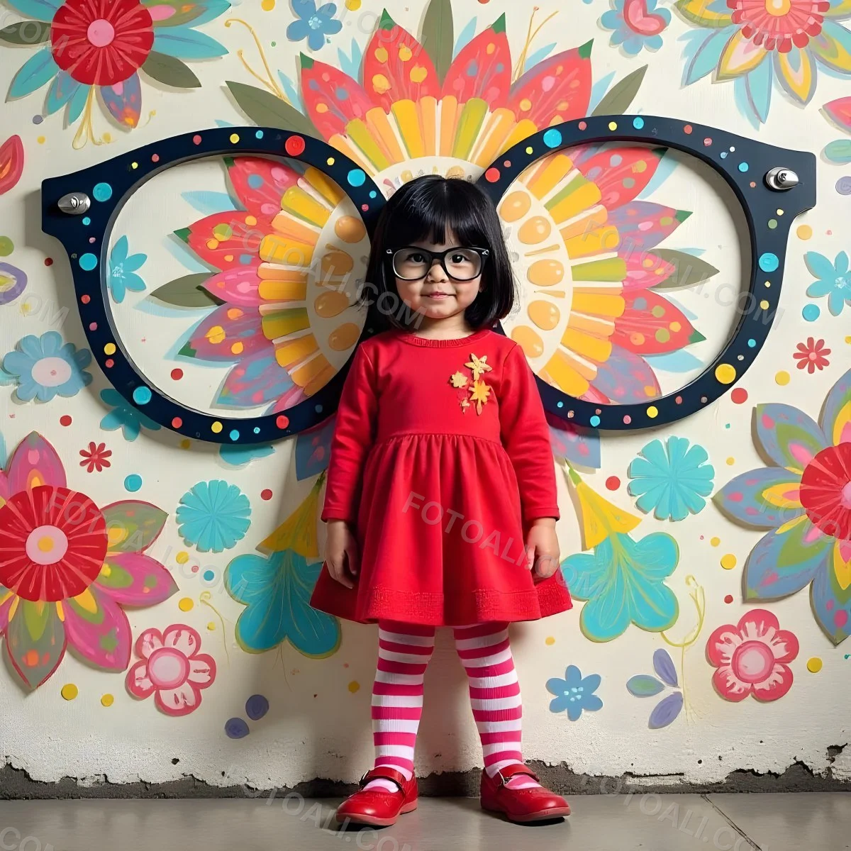 A Caucasian Girl 7 Years Old Black Hair Wearing A Red Dress Pink Striped Socks And Red Shoes With Oversized Glasses In Front Of A Colorful Wall 13 73b9