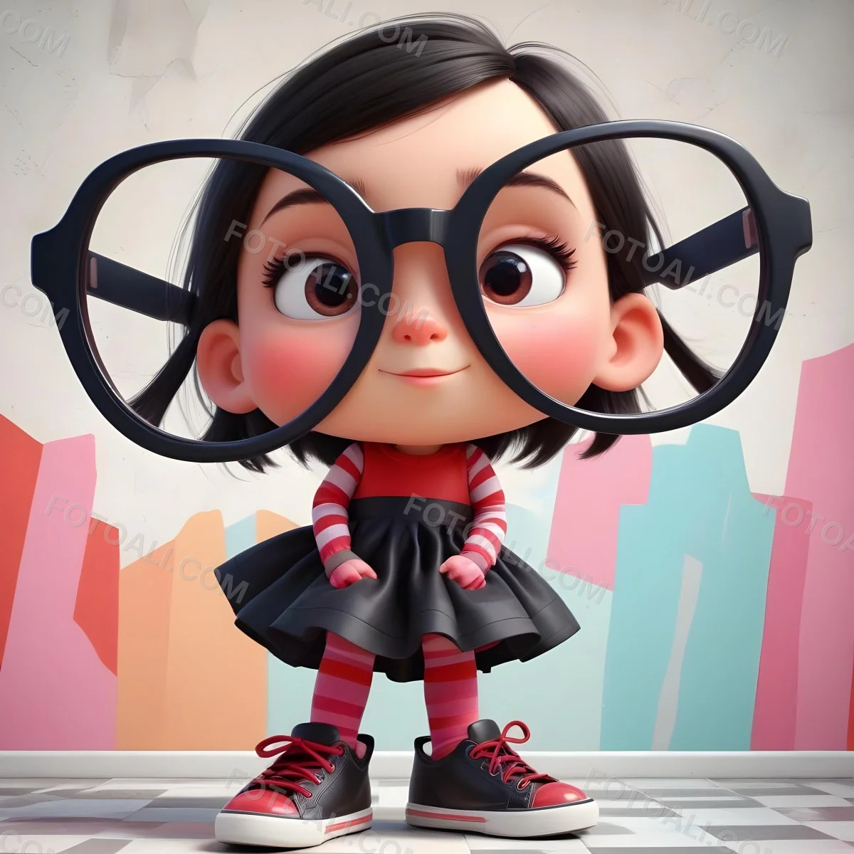 A Caucasian Girl 7 Years Old Black Hair Wearing A Red Dress Pink Striped Socks And Red Shoes With Oversized Glasses In Front Of A Colorful Wall 19 765e