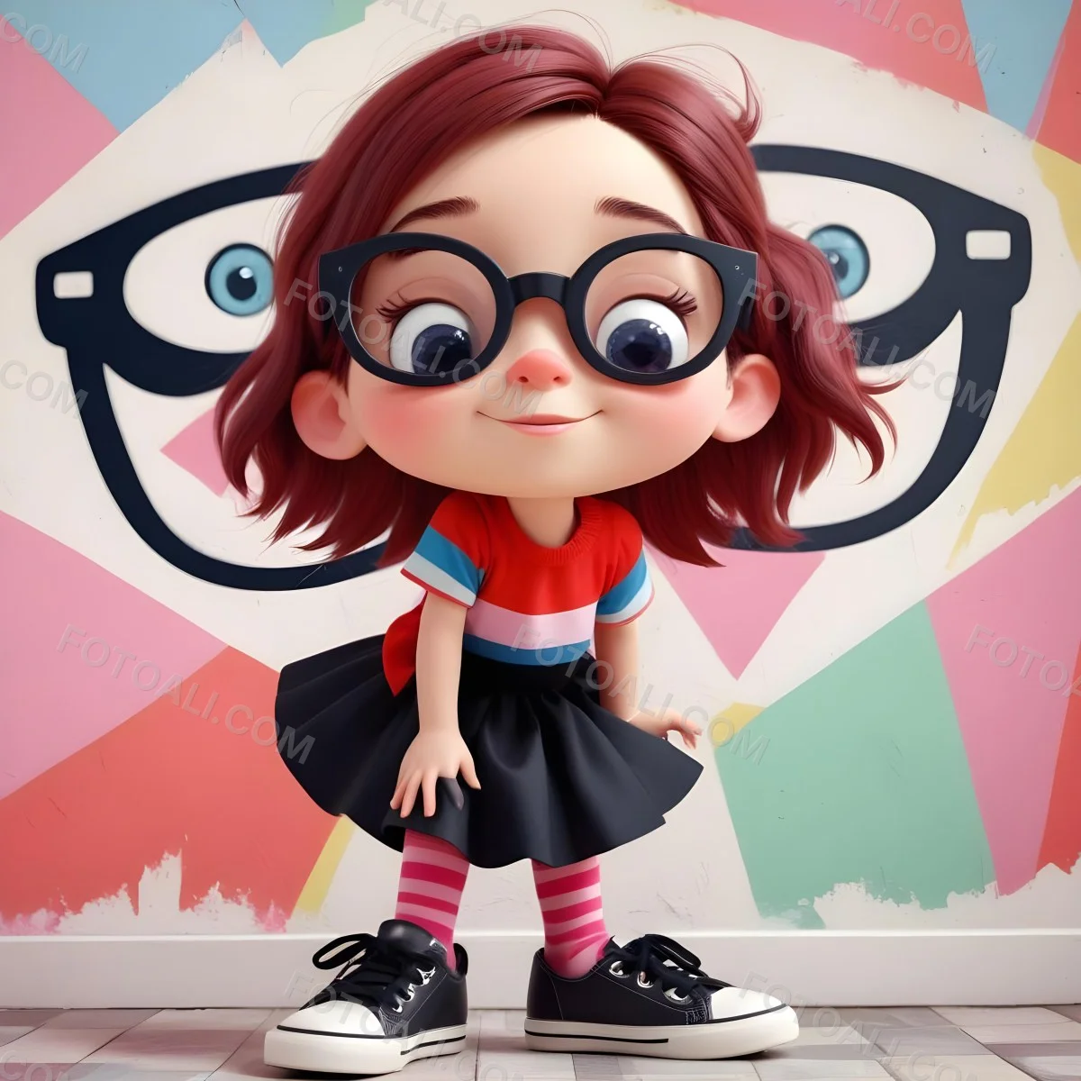 A Caucasian Girl 7 Years Old Black Hair Wearing A Red Dress Pink Striped Socks And Red Shoes With Oversized Glasses In Front Of A Colorful Wall 22 93bd