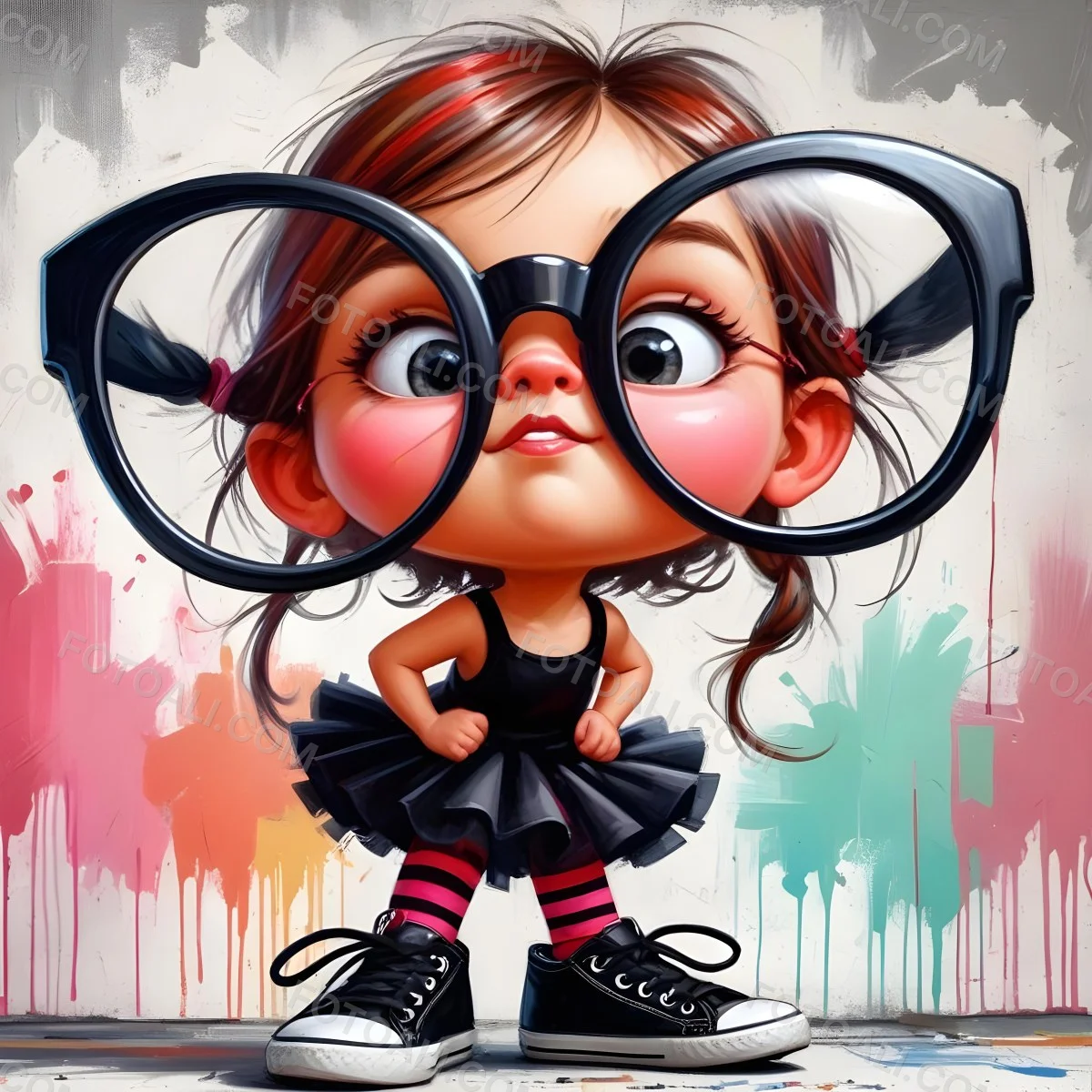 A Caucasian Girl 7 Years Old Black Hair Wearing A Red Dress Pink Striped Socks And Red Shoes With Oversized Glasses In Front Of A Colorful Wall 28 3db3