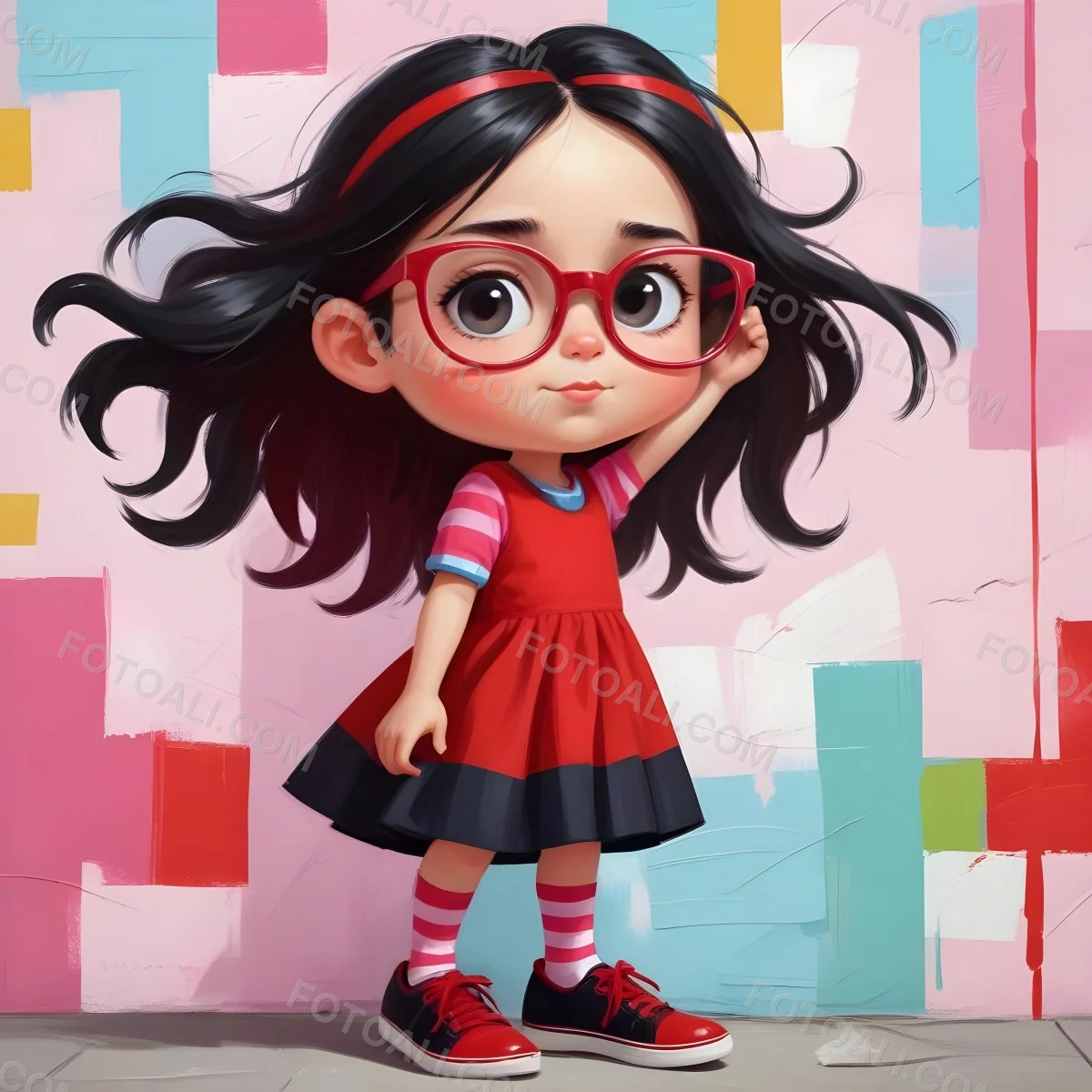 A Caucasian Girl 7 Years Old Black Hair Wearing A Red Dress Pink Striped Socks And Red Shoes With Oversized Glasses In Front Of A Colorful Wall 34 1025