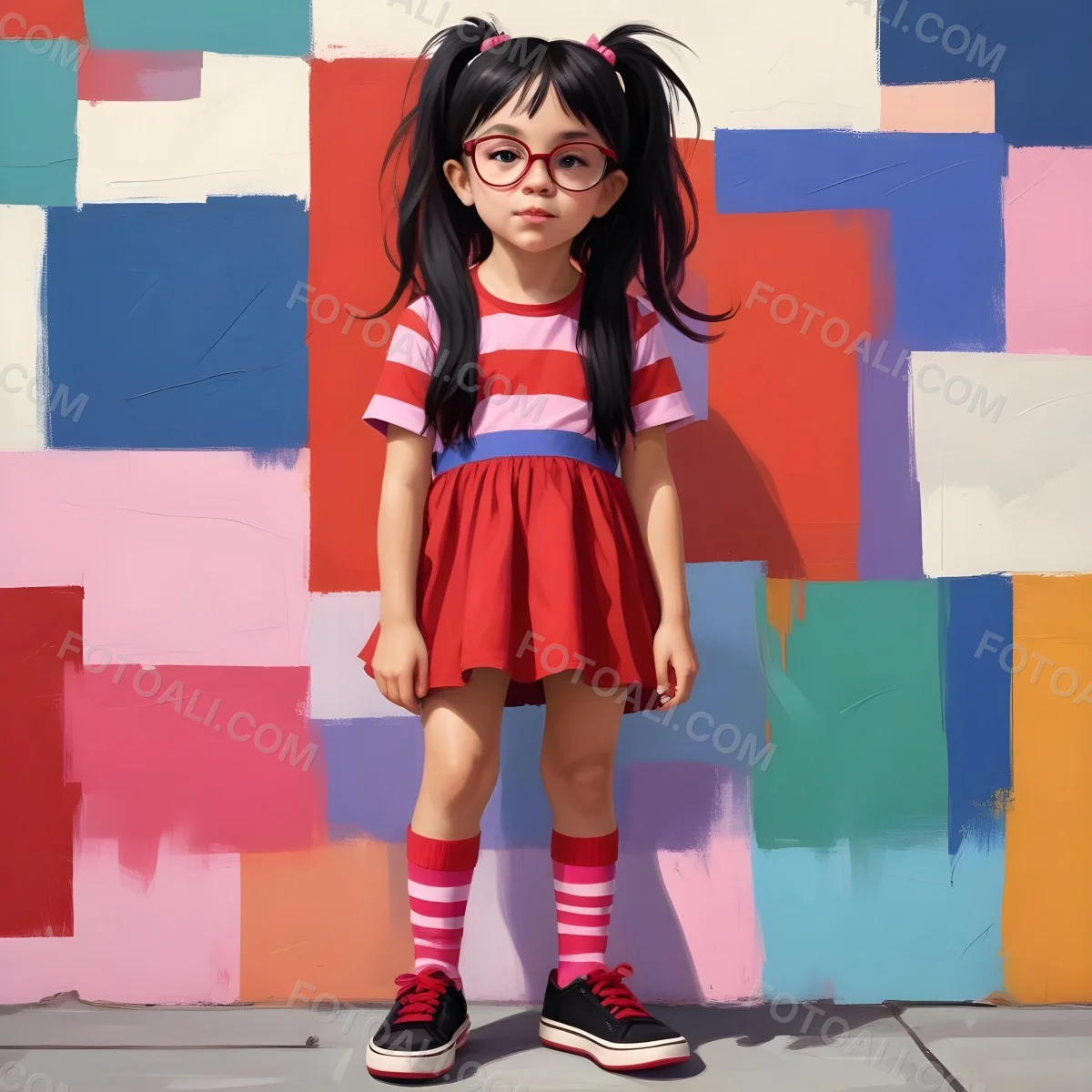 A Caucasian Girl 7 Years Old Black Hair Wearing A Red Dress Pink Striped Socks And Red Shoes With Oversized Glasses In Front Of A Colorful Wall 35 F00e