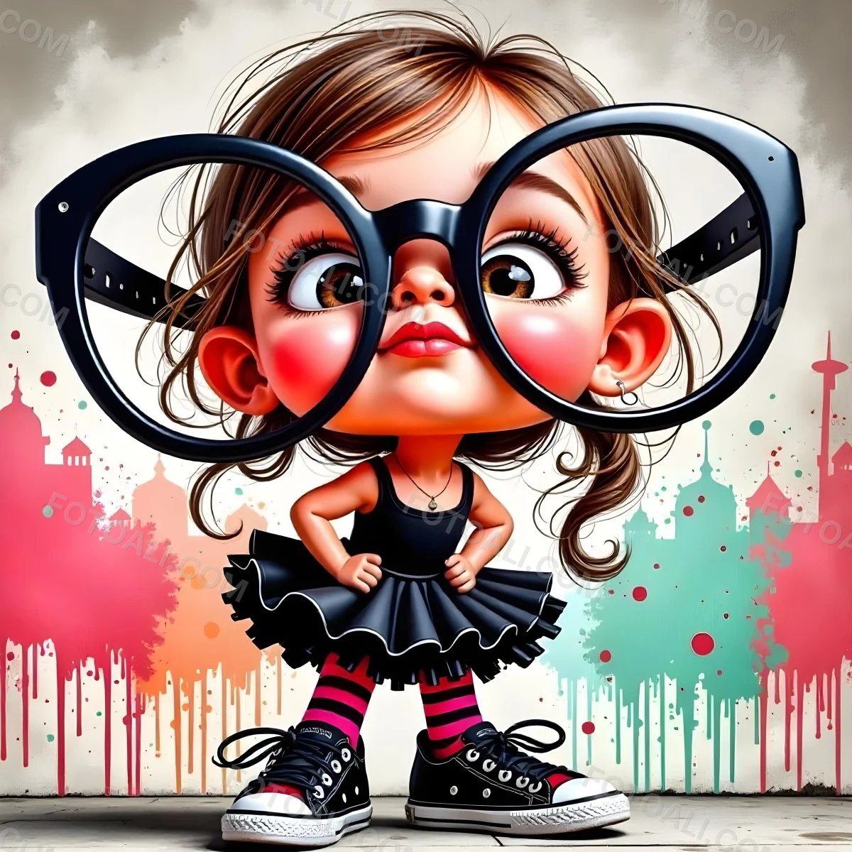 A Caucasian Girl 7 Years Old Black Hair Wearing A Red Dress Pink Striped Socks And Red Shoes With Oversized Glasses In Front Of A Colorful Wall 4 08f2