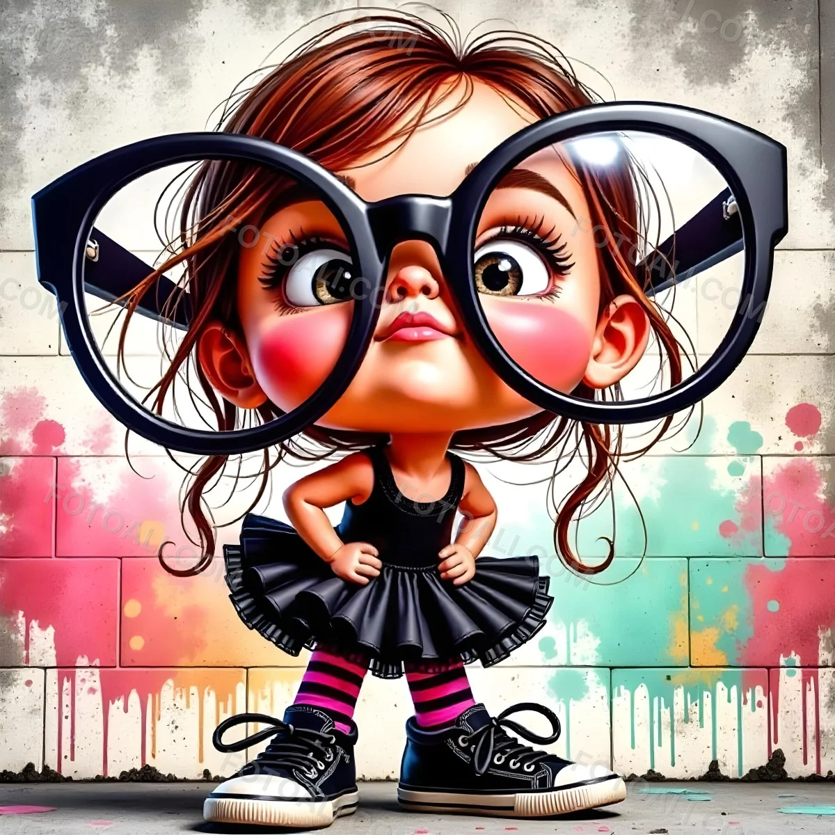 A Caucasian Girl 7 Years Old Black Hair Wearing A Red Dress Pink Striped Socks And Red Shoes With Oversized Glasses In Front Of A Colorful Wall 5 7320