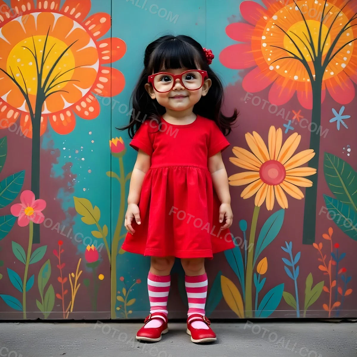 A Caucasian Girl 7 Years Old Black Hair Wearing A Red Dress Pink Striped Socks And Red Shoes With Oversized Glasses In Front Of A Colorful Wall 6 4f44