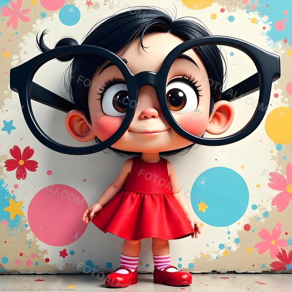 A Caucasian Girl 7 Years Old Black Hair Wearing A Red Dress Pink Striped Socks And Red Shoes With Oversized Glasses In Front Of A Colorful Wall 9 1fbe