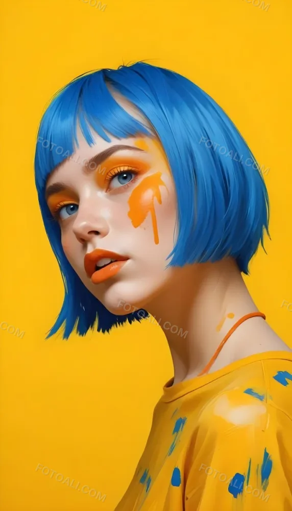 A Caucasian Girl Age 21 With Orange Hair And Yellow Paint On Her Face Blue Lips In A Orange Background 18 E22f