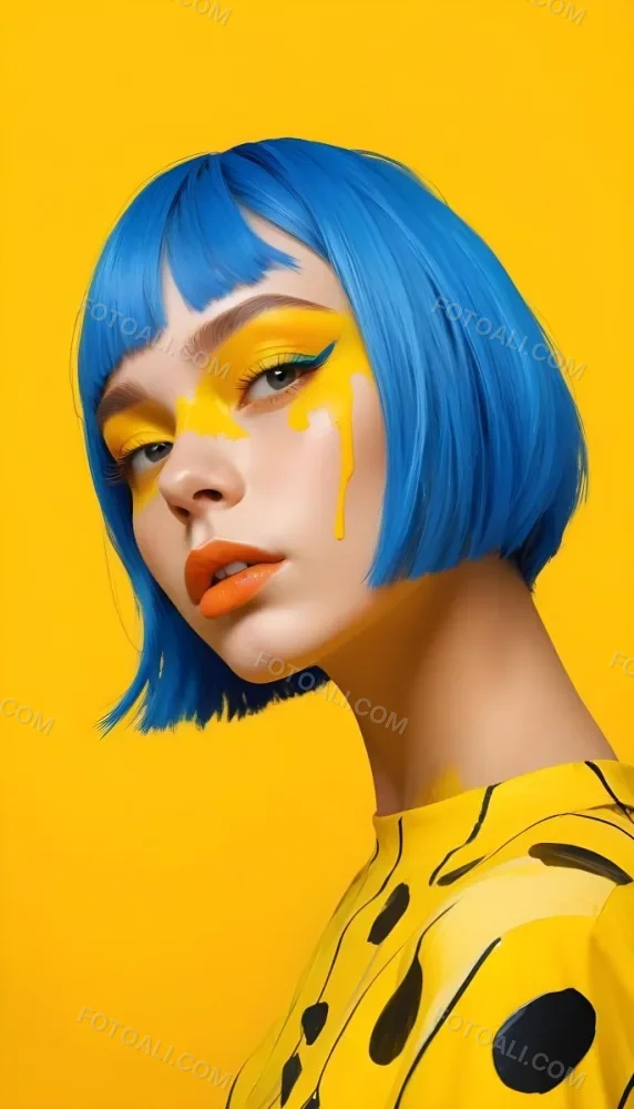 A Caucasian Girl Age 21 With Orange Hair And Yellow Paint On Her Face Blue Lips In A Orange Background 4 C215