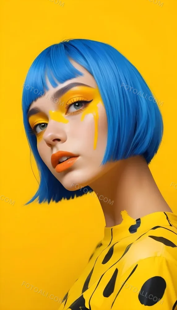 A Caucasian Girl Age 21 With Orange Hair And Yellow Paint On Her Face Blue Lips In A Orange Background 5 8036