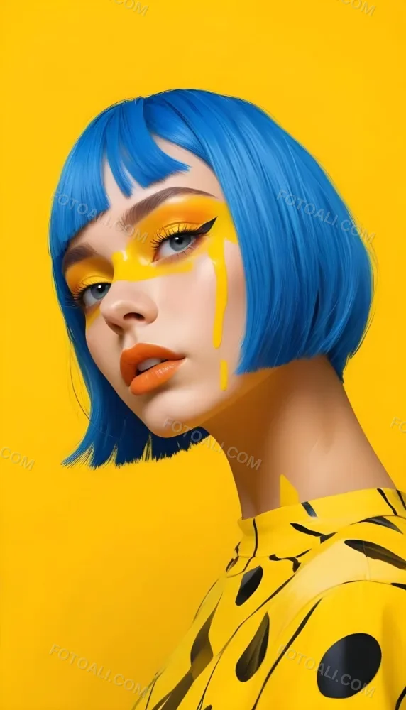 A Caucasian Girl Age 21 With Orange Hair And Yellow Paint On Her Face Blue Lips In A Orange Background 6 5c12