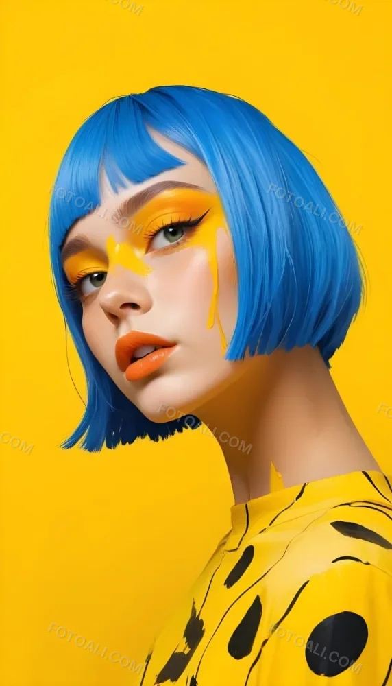 A Caucasian Girl Age 21 With Orange Hair And Yellow Paint On Her Face Blue Lips In A Orange Background 8 F12a