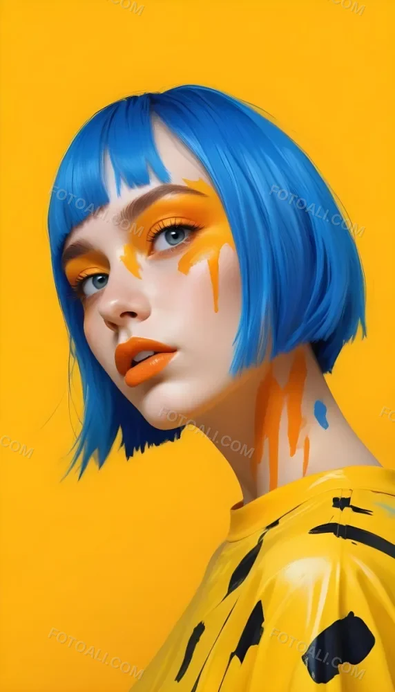 A Caucasian Girl Age 21 With Orange Hair And Yellow Paint On Her Face Blue Lips In A Orange Background 9 A333