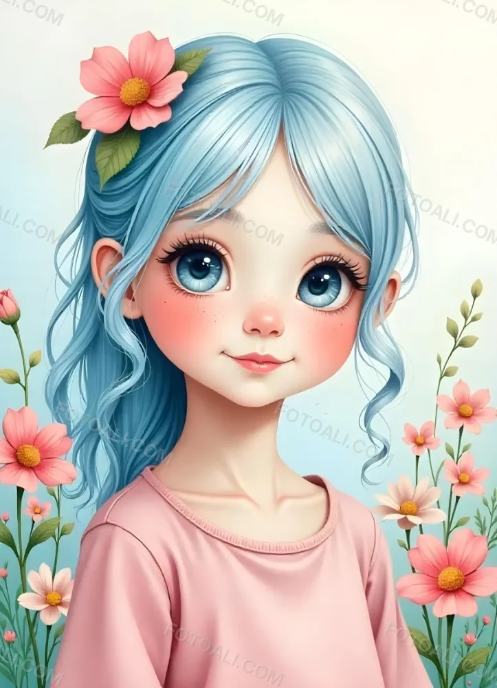 A Caucasian Girl With Fair Skin 7 Years Old Light Blue Hair Looking At Camera With Flowers In A Colorful Background Watercolor Style Soft Colors High Detail 22 0631 0d9d