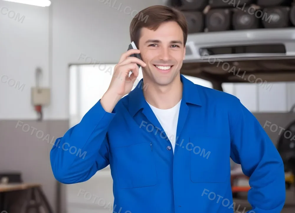 A Caucasian Male Approximately 30 Years Old With Short Brown Hair Wearing A Blue Work Uniform He Is Smiling And Talking On A Smartphone The Background Features A Garage Setting With Cars And Tools Visible 1 2900