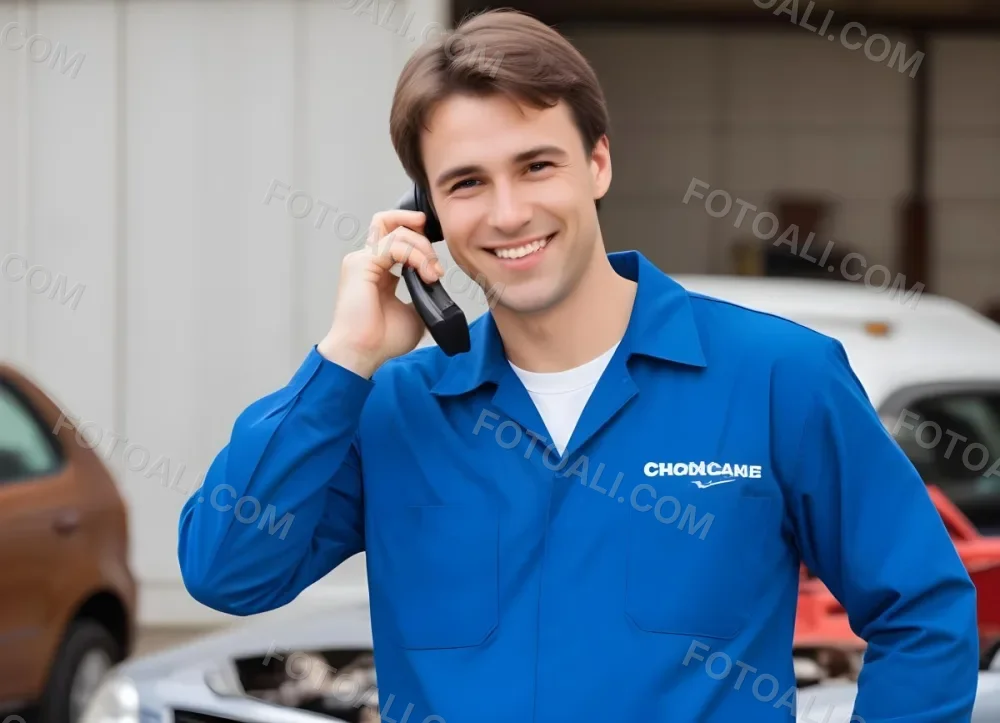 A Caucasian Male Approximately 30 Years Old With Short Brown Hair Wearing A Blue Work Uniform He Is Smiling And Talking On A Smartphone The Background Features A Garage Setting With Cars And Tools Visible 11 B427