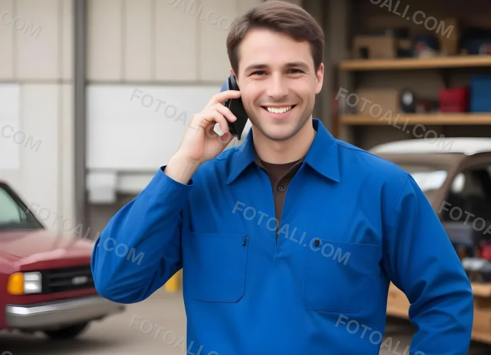 A Caucasian Male Approximately 30 Years Old With Short Brown Hair Wearing A Blue Work Uniform He Is Smiling And Talking On A Smartphone The Background Features A Garage Setting With Cars And Tools Visible 12 769f