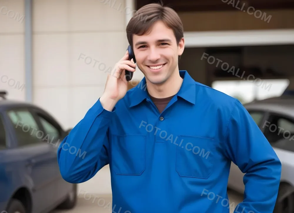 A Caucasian Male Approximately 30 Years Old With Short Brown Hair Wearing A Blue Work Uniform He Is Smiling And Talking On A Smartphone The Background Features A Garage Setting With Cars And Tools Visible 13 92ce