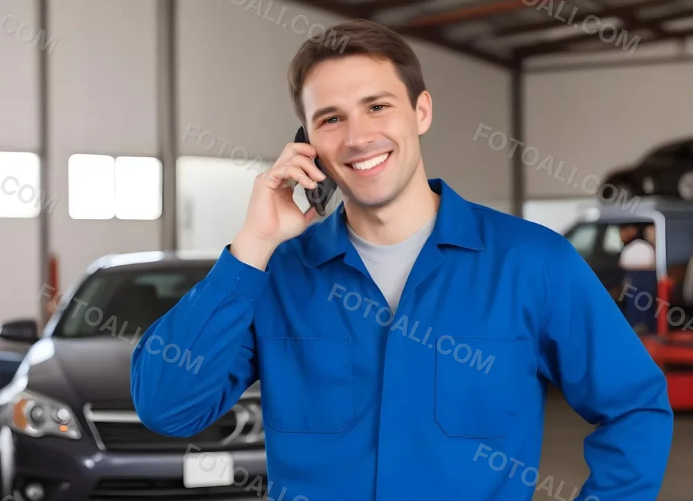 A Caucasian Male Approximately 30 Years Old With Short Brown Hair Wearing A Blue Work Uniform He Is Smiling And Talking On A Smartphone The Background Features A Garage Setting With Cars And Tools Visible 14 E531