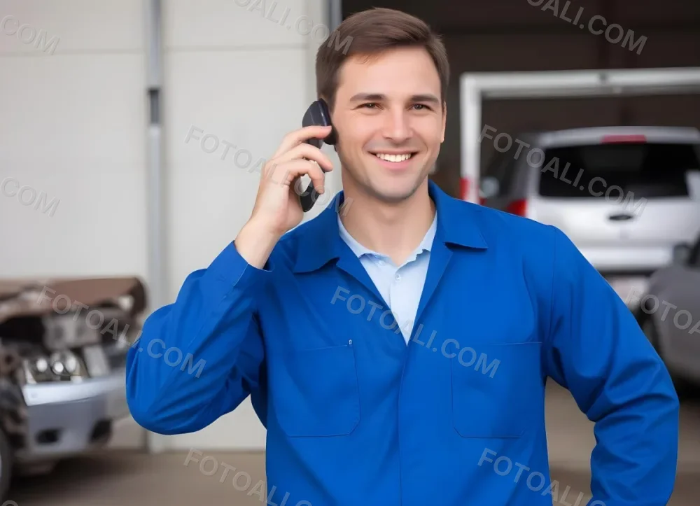 A Caucasian Male Approximately 30 Years Old With Short Brown Hair Wearing A Blue Work Uniform He Is Smiling And Talking On A Smartphone The Background Features A Garage Setting With Cars And Tools Visible 15 53f1