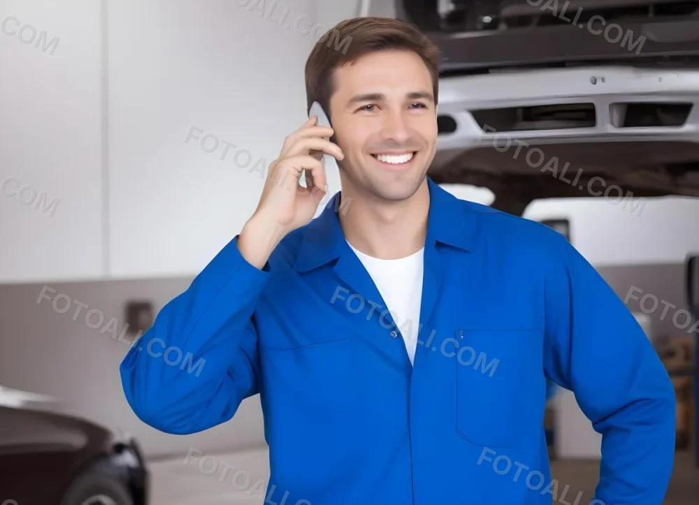 A Caucasian Male Approximately 30 Years Old With Short Brown Hair Wearing A Blue Work Uniform He Is Smiling And Talking On A Smartphone The Background Features A Garage Setting With Cars And Tools Visible 2 Fc0d