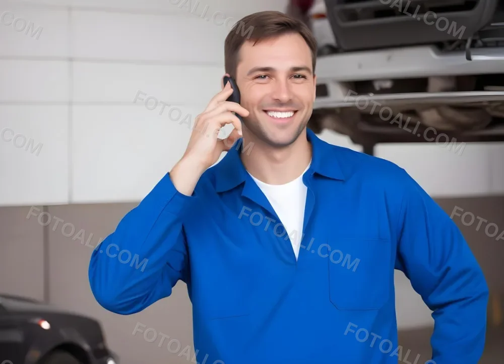 A Caucasian Male Approximately 30 Years Old With Short Brown Hair Wearing A Blue Work Uniform He Is Smiling And Talking On A Smartphone The Background Features A Garage Setting With Cars And Tools Visible 4 54b1
