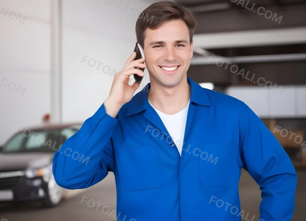 A Caucasian Male Approximately 30 Years Old With Short Brown Hair Wearing A Blue Work Uniform He Is Smiling And Talking On A Smartphone The Background Features A Garage Setting With Cars And Tools Visible 5 4cd2
