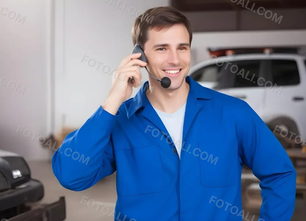 A Caucasian Male Approximately 30 Years Old With Short Brown Hair Wearing A Blue Work Uniform He Is Smiling And Talking On A Smartphone The Background Features A Garage Setting With Cars And Tools Visible 6 Fbb7