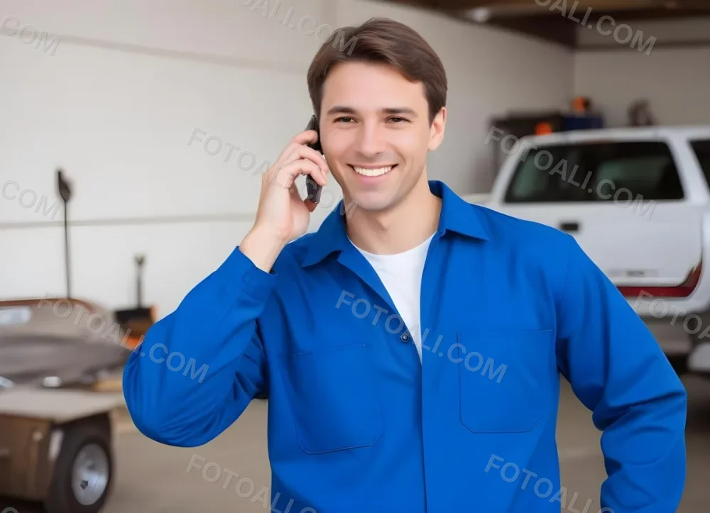 A Caucasian Male Approximately 30 Years Old With Short Brown Hair Wearing A Blue Work Uniform He Is Smiling And Talking On A Smartphone The Background Features A Garage Setting With Cars And Tools Visible 7 6259