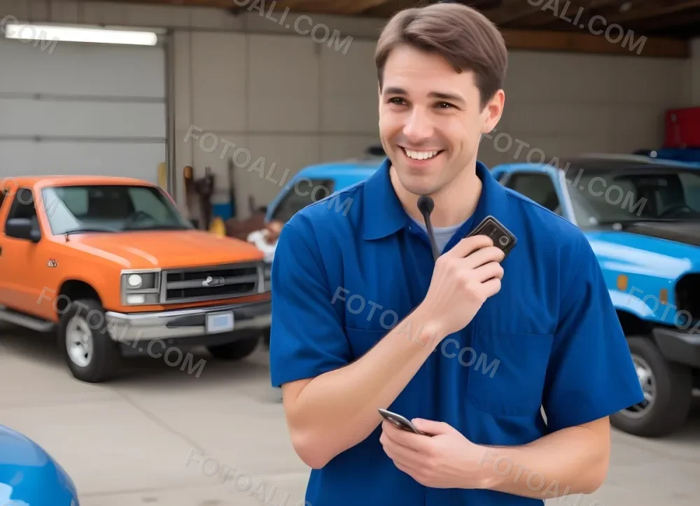 A Caucasian Male Approximately 30 Years Old With Short Brown Hair Wearing A Blue Work Uniform He Is Smiling And Talking On A Smartphone The Background Features A Garage Setting With Cars And Tools Visible 8 Eaa7