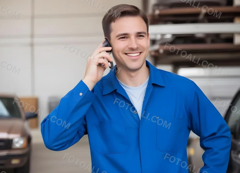 A Caucasian Male Approximately 30 Years Old With Short Brown Hair Wearing A Blue Work Uniform He Is Smiling And Talking On A Smartphone The Background Features A Garage Setting With Cars And Tools Visible 9 641a