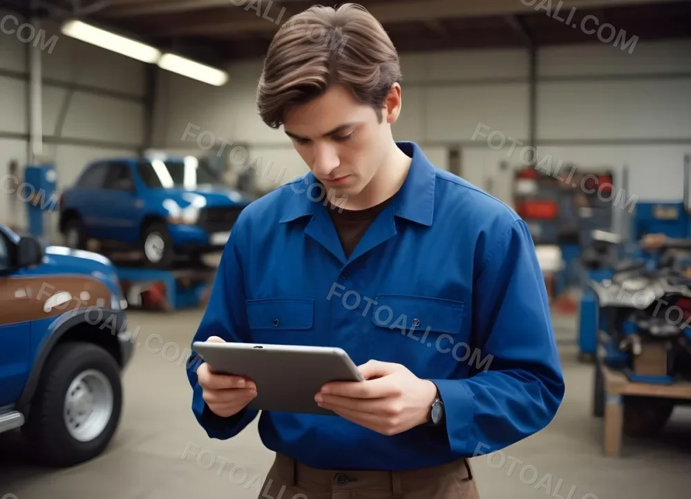 A Caucasian Male Approximately 30 Years Old With Short Brown Hair Wearing A Blue Work Uniform Is Focused On A Tablet In His Hands The Background Features A Garage Or Workshop Setting With A Lift And Tools Indicating A 1 64f5