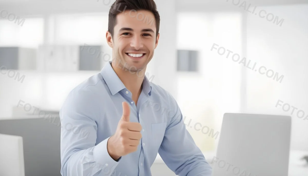 A Caucasian Man 28 Years Old Dark Hair Smiling And Doing A Thumbs Up In A Bright Office 22 451c