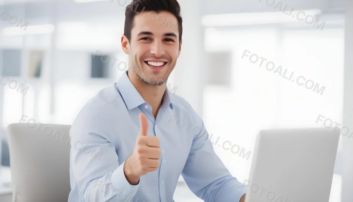 A Caucasian Man 28 Years Old Dark Hair Smiling And Doing A Thumbs Up In A Bright Office 26 5db6