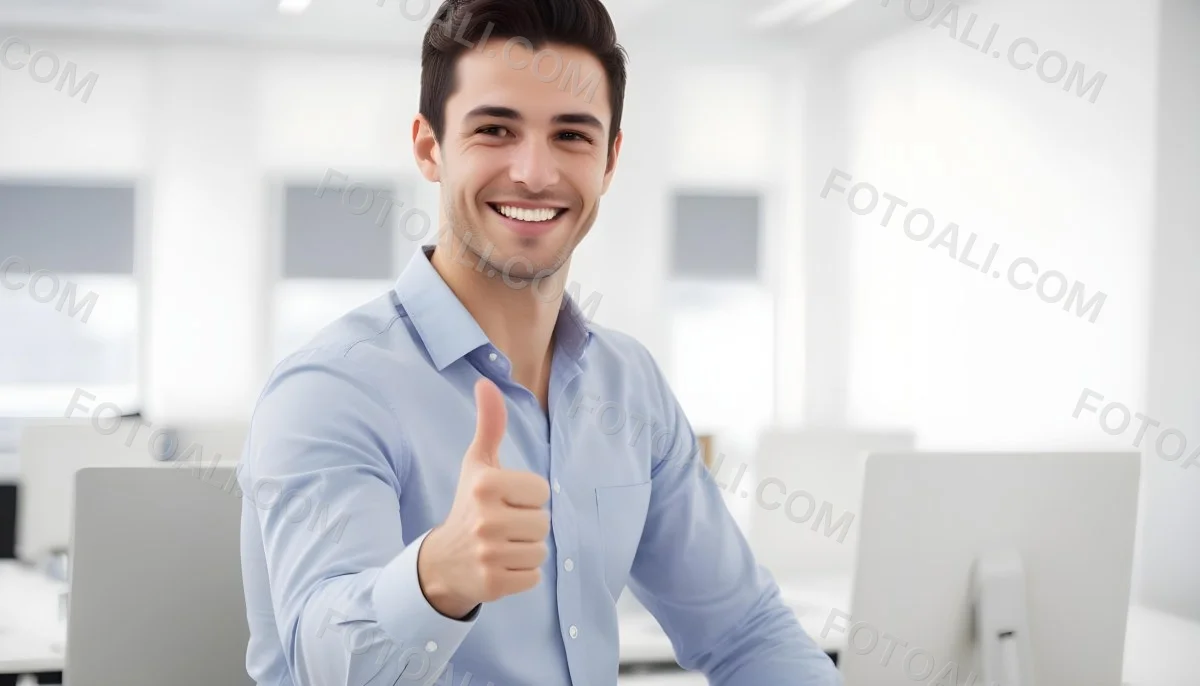A Caucasian Man 28 Years Old Dark Hair Smiling And Doing A Thumbs Up In A Bright Office 28 59bb