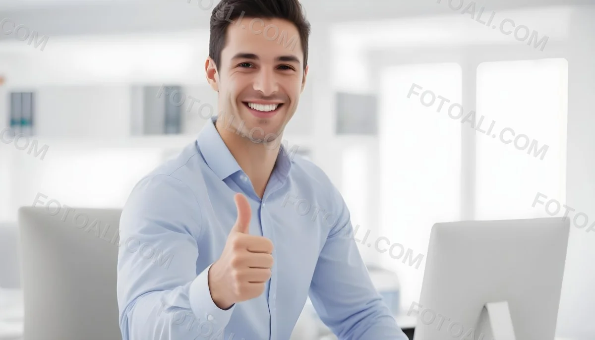 A Caucasian Man 28 Years Old Dark Hair Smiling And Doing A Thumbs Up In A Bright Office 31 503b