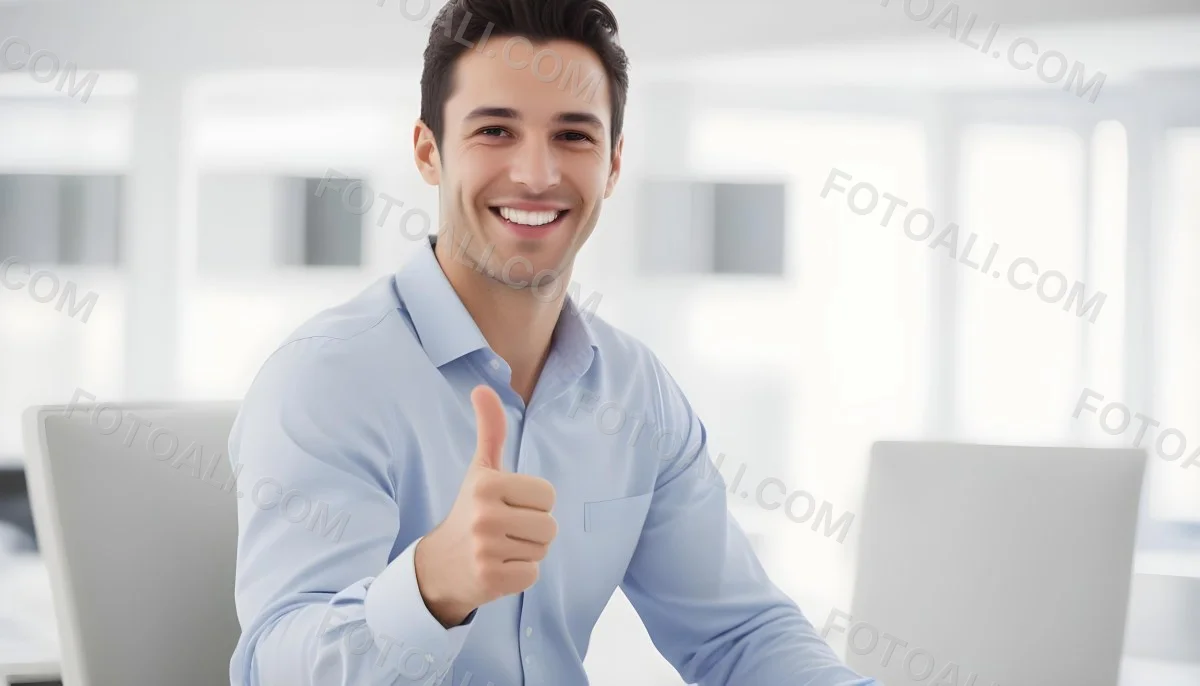 A Caucasian Man 28 Years Old Dark Hair Smiling And Doing A Thumbs Up In A Bright Office 32 327d